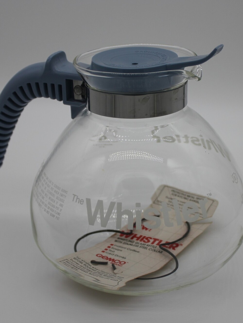 Vintage 1986 Gemco "The Whistler" 8-cup Glass Stovetop Kettle Unused